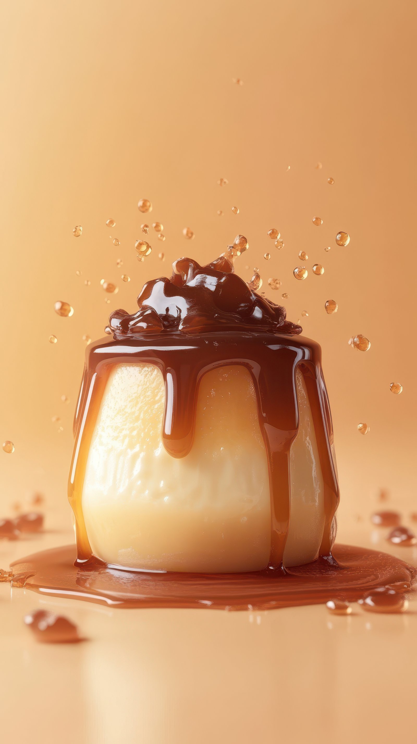 Delicious dessert with creamy texture topped with caramel sauce and chocolate drizzle against a soft orange background